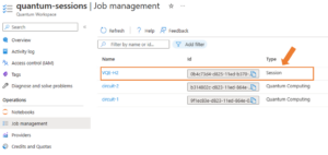 A screenshot of the "Job management" section in the Quantum Workspace under "quantum-sessions."