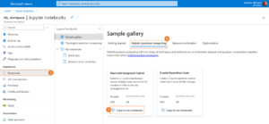 This image shows the Microsoft Azure portal's Jupyter notebooks section within the Quantum workspace.
