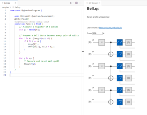 Screenshot displaying Bell state Q sharp code alongside a corresponding Bell state circuit diagram.