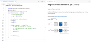 Screenshot displaying "trace mode", which isactivated when the circuit visualizer detects that the program contains measurement comparisons.