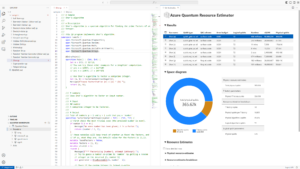 The image shows a coding environment with Python code on the left and results from an Azure Quantum Resource Estimator on the right.