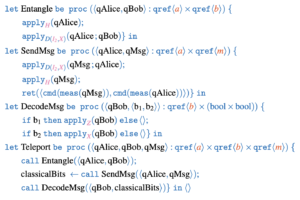 Image of a code snippet for quantum teleportation, featured in Wavelength Q sharp syntax.