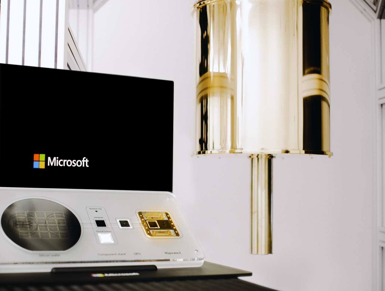 Microsoft’s topological hardware with a covered fridge in the background
